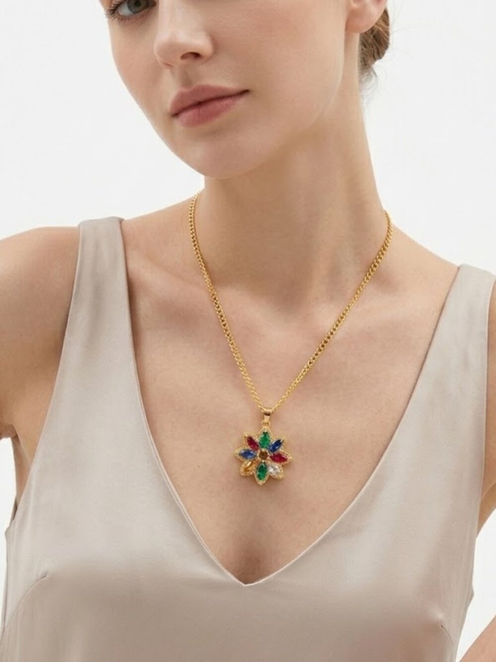 Multi-Color Flower Petal Zircon Necklace Goldtone Floral Adjustable 18”